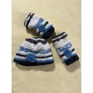 Crochet 100% Wool Hat And Mitten Set Lined Blue Cream Flower Fingerless